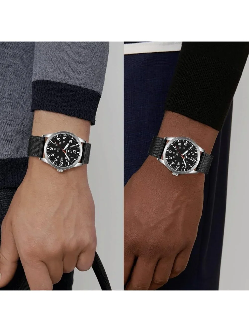 Men's Silver Black Nylon Strap Stylish Luminous Unisex Military Tactical Watch
